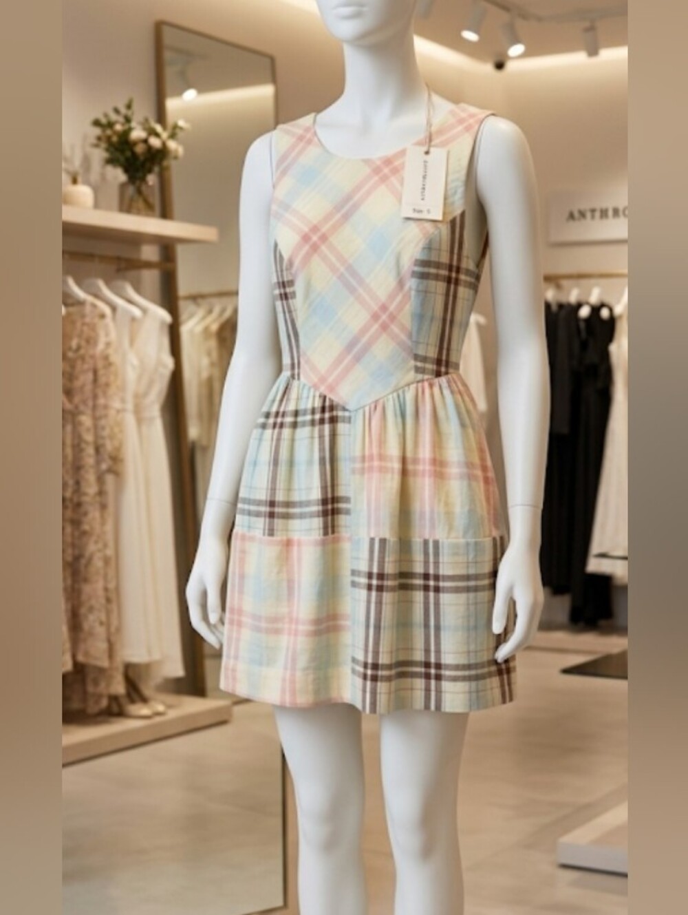 NWT Anthropologie Pastel Plaid Mini Dress (Sz S) Event Bridal BBQ Coquette Chic